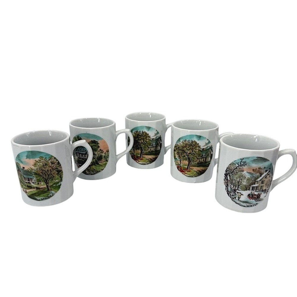 Currier & Ives Coffee Mugs Four Seasons Scenic Country Landscape VTG Set of 5